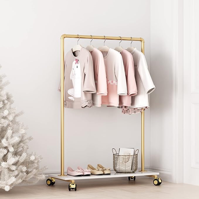 Gold Metal Clothing Rack with Wood Shelf, Heavy Duty Rolling Garment Rack with Wheels for Bedroom Retail Boutique Use (37.4L inches)