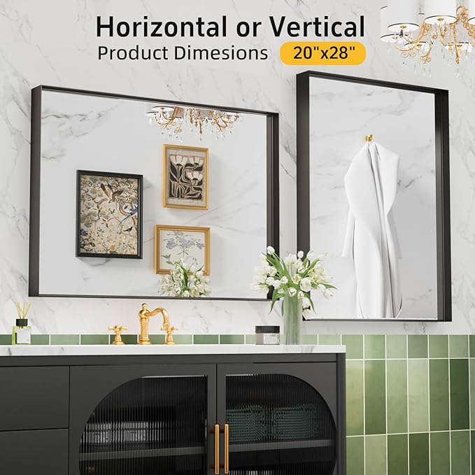 20”x 28” Black Bathroom Mirrors for Over Sink, Square Corner Rectangle Mirror, Bathroom Vanity Mirror, for Bedroom Living Room Entryway Decor, Tempered Glass, Hangs Horizontal/Vertical