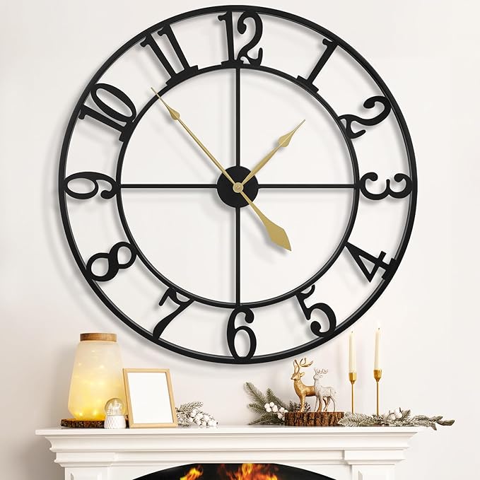 LEIKE Extra Large Wall Clocks,Silent Little Ticking,Battery Operated Vintage Round Modern Metal Wall Clock for Living Room, Bedroom,Farmhouse,Office Home Decor-32 Inch(Black-Arabic Number)