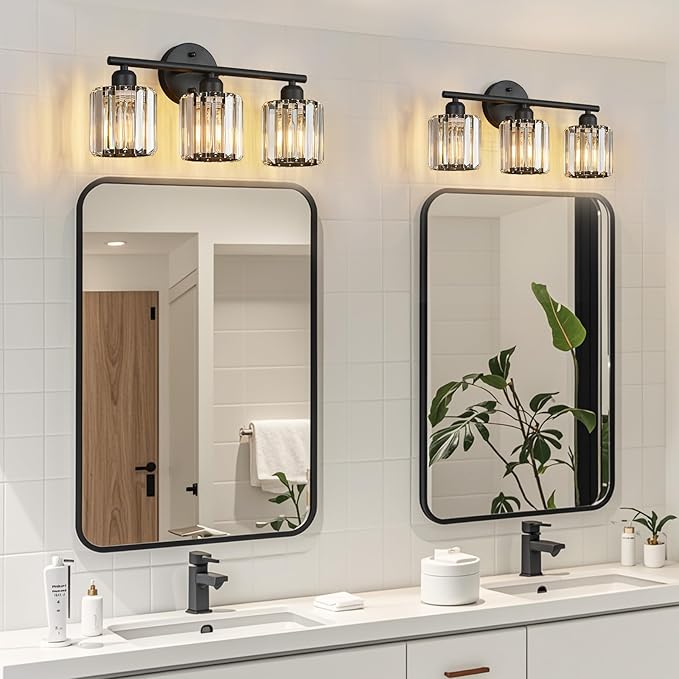 Modern 3 Light Crystal Vanity Light, Black Vertical Bathroom Light Fixture Over Mirror for Dressing Table Sink, Compatible with Dimmable Bulbs (Bulbs Not Included)