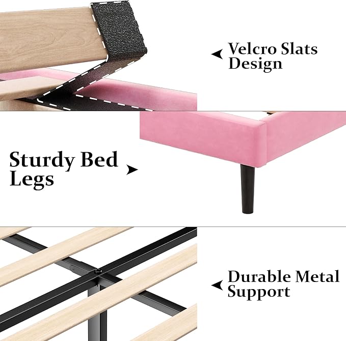Queen Size Bed Frame with Upholstered Wingback Headboard, Easy Assemnly Platform Bed, Wooden Slat Support No Box Spring Needed, Pink Velvet