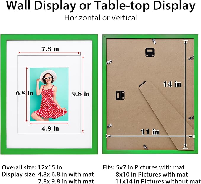 KINLINK 11x14 Picture Frame Grass Green, Solid Wood Frames with Acrylic Plexiglass for Pictures 5x7/8x10 with Mat or 11x14 without Mat, Tabletop and Wall Mounting Display, 4 Pack