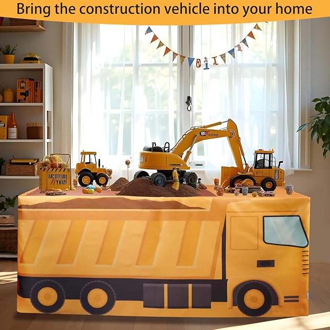 4Ft Construction Vehicle Table Cloth,Construction Birthday Decorations for Kids' Boys' Party Decorations, Baby Shower Birthday Party Supplies