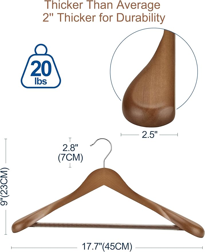 HOUSE DAY Wood Suit Hangers for Men, Smooth Wide Shoulder Wooden Hanger with Non Slip Pant Holder, Wide Hangers for Suits, Coats, Jackets, Heavy Wide Clothes Hanger 2 Pack, Walnut
