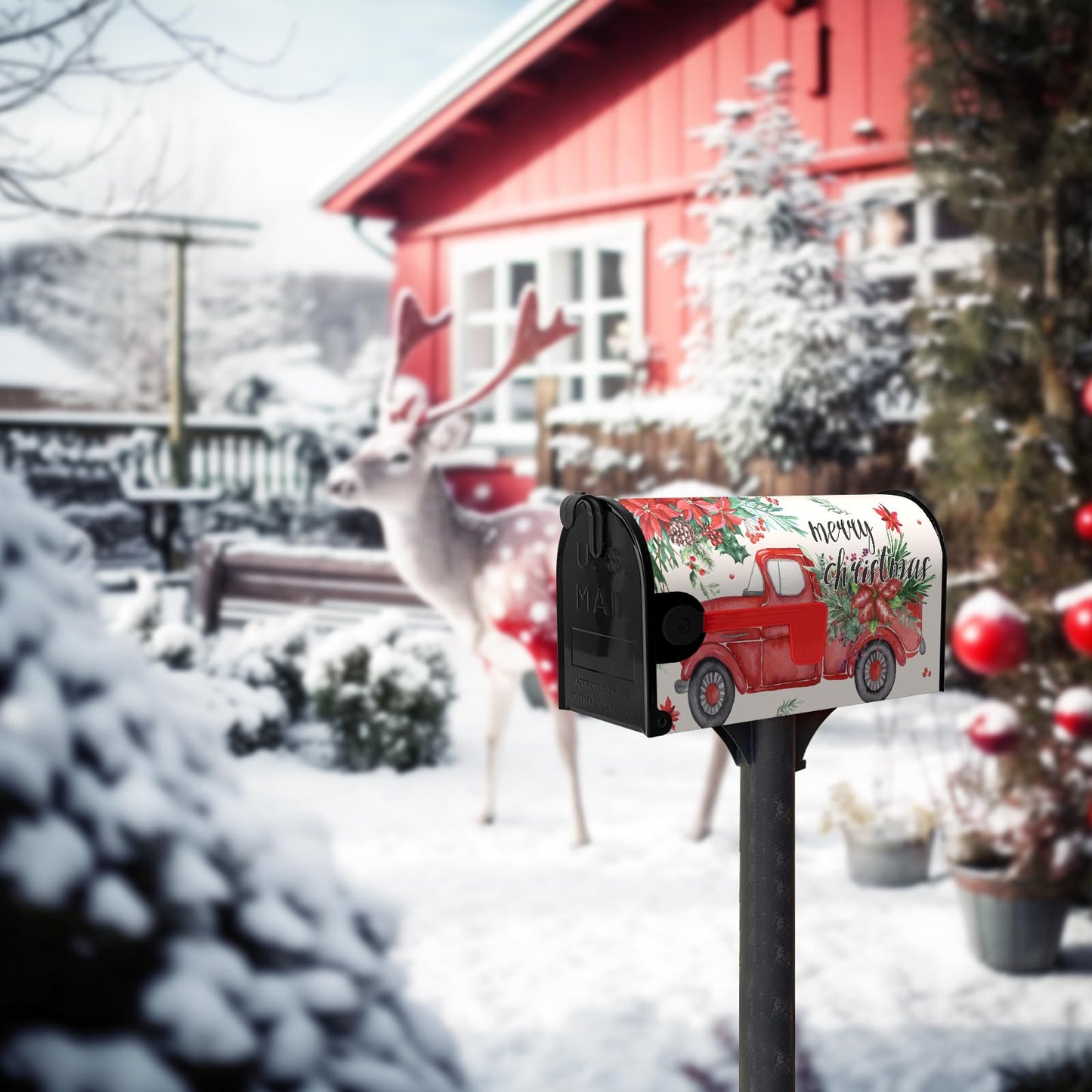 Dacawin Christmas Red Truck Mailbox Covers Magnetic 21x18 Inches Standard Size Xmas Winter Mailbox Cover Post Letter Box Wraps for Outside Garden Yard Outdoor Christmas Decorations