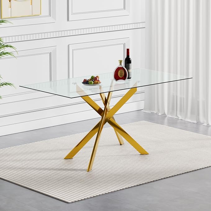 Goujxcy 5 Piece Glass Dining Table Set Modern Glass Dining Table Set for 4, 51" Rectangular Kitchen Table and 4 Velvet Upholstered Chairs for Kitchen Dining Room, Gold Table & Blue Chair