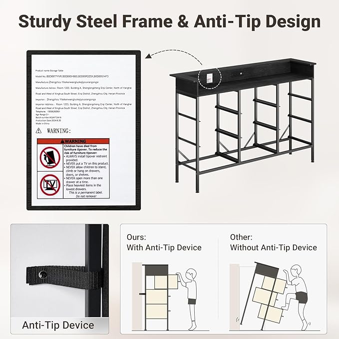 ELYKEN Black Dresser for Bedroom with LED Light & Charging Station, 9 PU Finish Fabric Drawers Dressers & Chest of Drawer with USB Outlet for for Entryway Closet Living Room Hallway