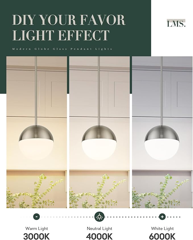 LMS Farmhouse Pendant Light Fixtures, Brushed Nickel Pendant Light with Globe Glass, Adjustable Hanging Lighting for Kitchen Island, Bedroom, Bathroom, LMS-203
