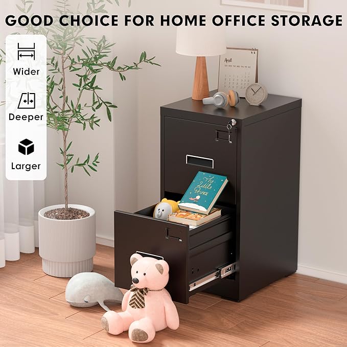 Greenvelly 2 Drawer File Cabinet with Lock, Black Metal Vertical Filing Cabinet for Home Office Fit Legal/Letter/A4/F4 Size with Hanging Bars&Key