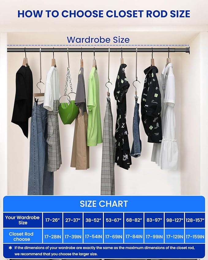 Closet Rods for Hanging Clothes, 17 to 39 Inches Stepless Adjustable Metal Closet Rod, 1.3 Inches Heavy Duty Clothes Hanging Rod for Closet Wardrobes Laundry RV