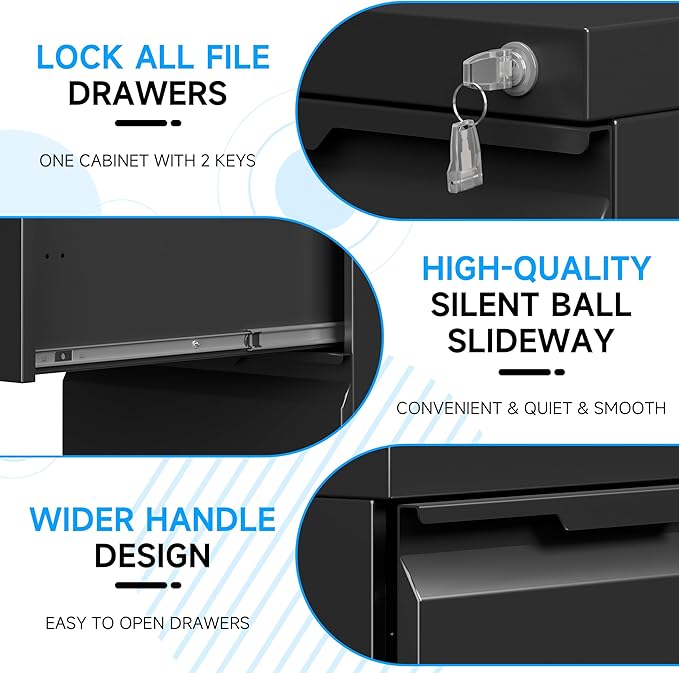 3 Drawer File Cabinet on Wheels, Mobile File Cabinet with Lock for Letter/Legal/A4 File, Metal Rolling File Cabinets for Home Office (Black)