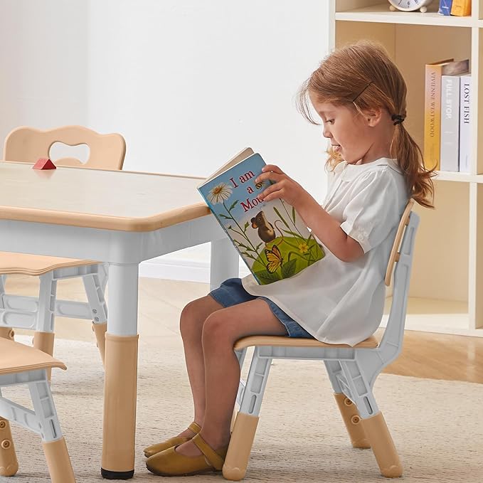 Kids Table and 2 Chairs Set, Height-Adjustable Toddler Table and Chair Set with Graffiti Desktop, 31.5''L x 23.6''W Children Activity Table for Daycare, Classroom, Home