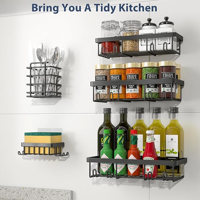 5 Pack Shower Caddy Organizer Rack Shelf for Inside Shower, Adhesive Bathroom Wall Storage Basket Rustproof Stainless Steel Shampoo Holder, Bathroom Accessory Decor Set, Black