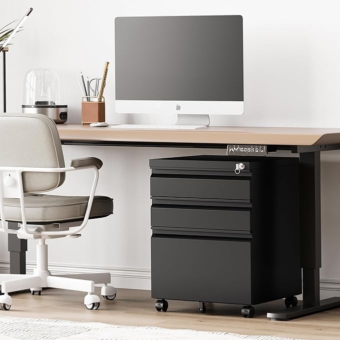3 Drawer File Cabinet,Mobile Filing Cabinet with Lock and Wheels,Fully Assembled Metal Under Desk File Cabinets for A4/Letter/Legal Size(Black