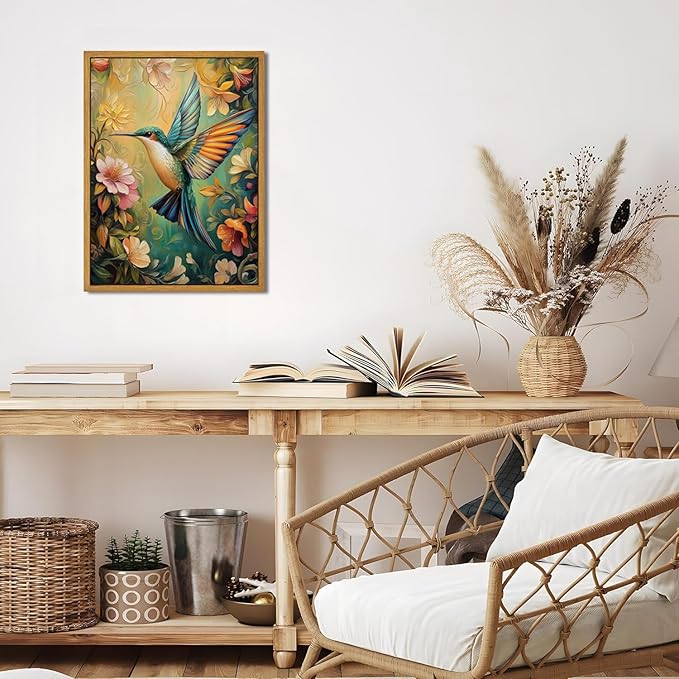 Djmwtb Framed Vintage Wall Art, Colorful Birds Wall Art,Flower Pictures Wall Decor,Nature Botanical Hummingbird Paintings Canvas Artwork Prints for Bedroom, Living Room 16x24in
