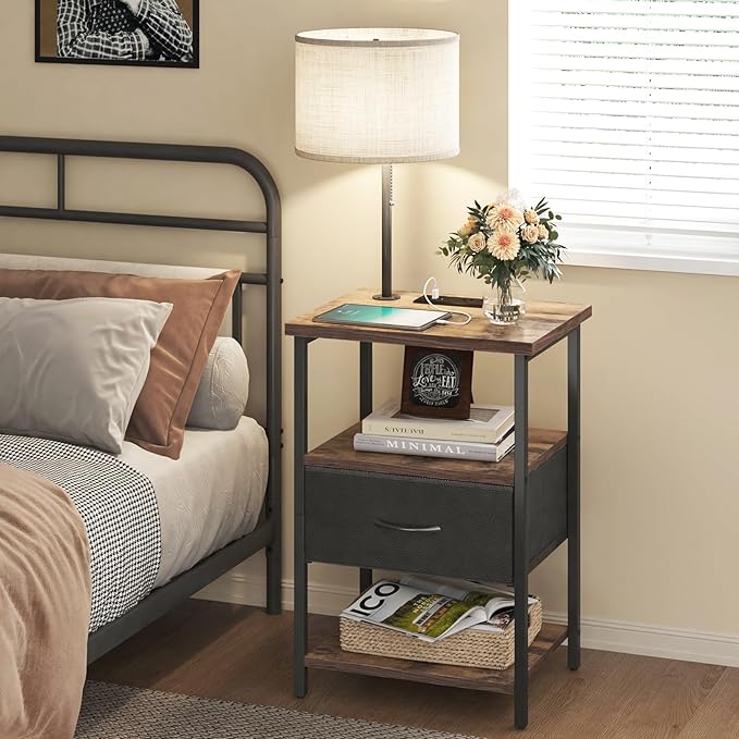 Fixwal Nightstand with LED Lights Bedside Table with 3 Color Temperatures Bulb, Tall NightStand with Charging Station End Table with Adjustable Fabric Drawer for Bedroom Dorm