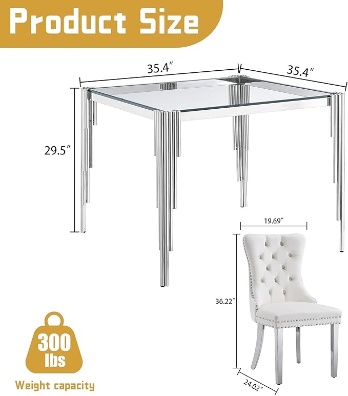 3 Piece Glass Dining Table Set, 35" Square Glass Kitchen Table with 2 White Velvet Upholstered Chairs, Silver Dining Table for 2 with Chairs Set for Kitchen, Living Room