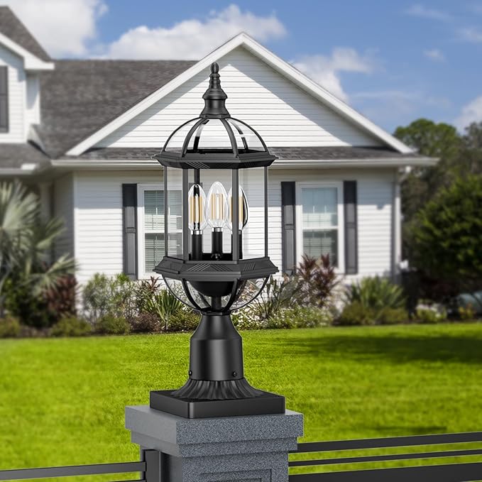 Large Outdoor Post Lights,19.21" 3-Light Lamp Post Light Fixture,Hardwired 120V Exterior Waterproof Pole Lighting,Modern Black Aluminum Lantern for Garden, Yard, Patio, Pathway