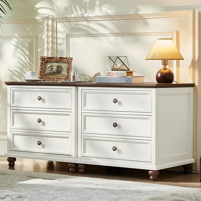 Farmhouse Nightstand with Charging Station, 24" Wide End Table with 3 Drawers,White Wood Dresser for Bedroom, Bed Side Table Chest of Drawers Cabinet,Night Stand for Living Room, Closet
