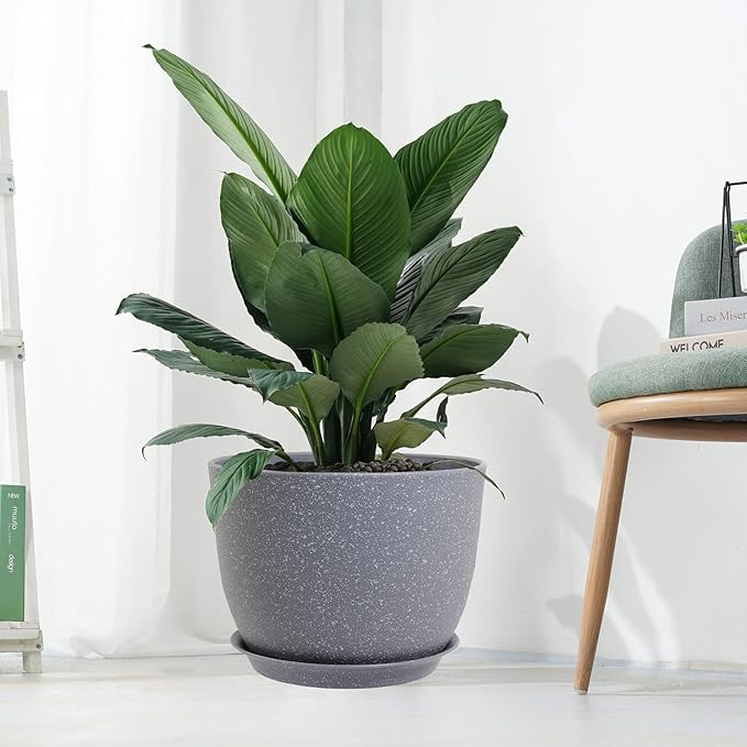 12inch Large Plant Pot, Modern Plastic Planter with High Driange Holes and Saucer for Indoor Outdoor Garden Plants and Flowers, Grey Speckles