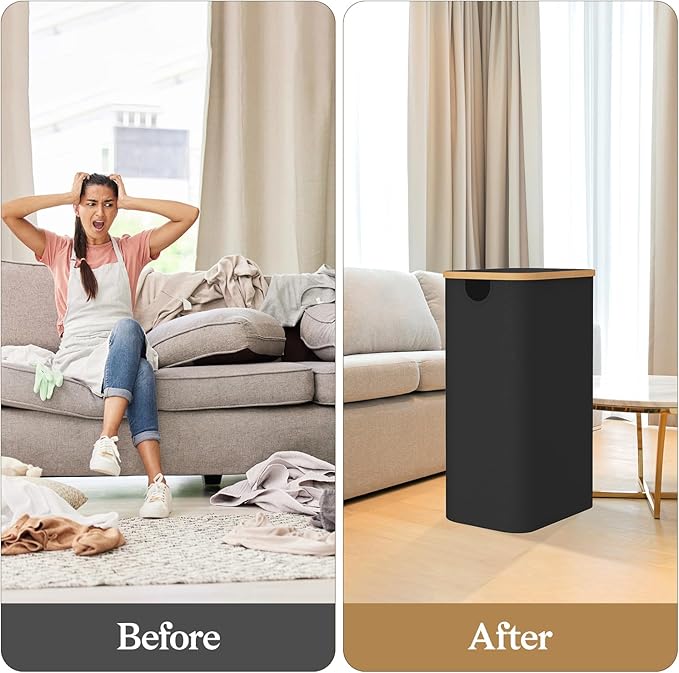Laundry Hamper with Lid, Large Tall Clothes Basket Bin with Bamboo Handles, Collapsible Laundry Hamper for Bedroom, Bathroom, Dorm, Laundry Room, 100L Black