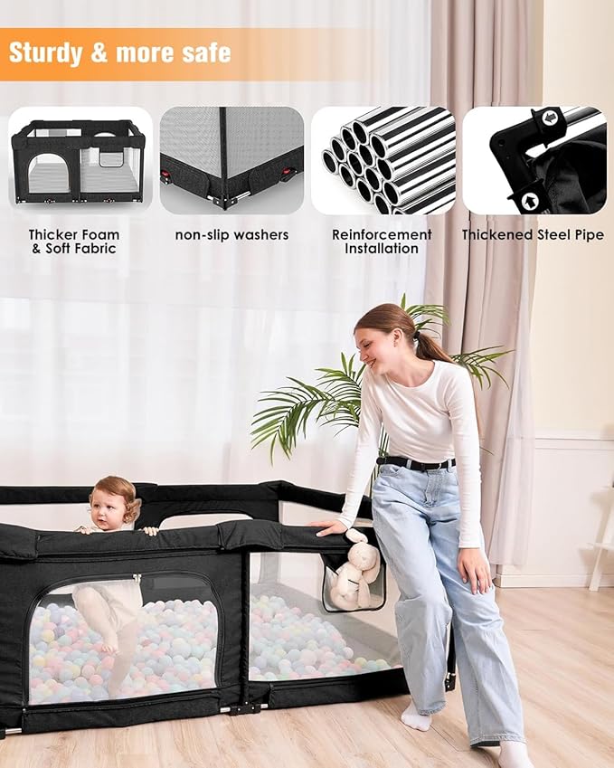 Foldable Baby Playpen with Gate, Extra Large Collapsible Play Yard for Babies & Toddlers, Portable Travel Playpen, Baby Activity Center for Indoor & Outdoor Use (Black 51"×51")