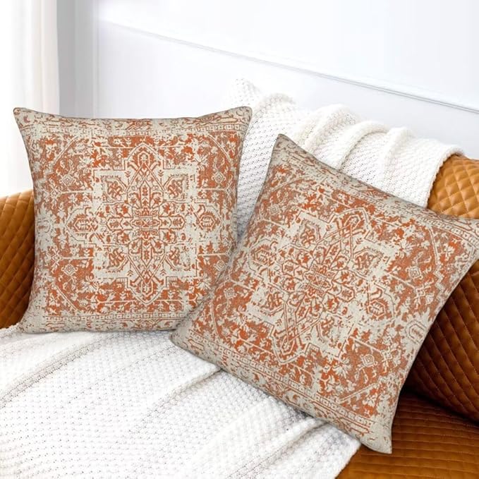 Fall Pillow Covers 16x16 Set of 2, Burnt Orange Boho Decorative Throw Pillows Ethnic Vintage Farmhouse Bohemian Carpet Pattern Pillow Cases Linen Gifts for Couch Sofa Outdoor Decor