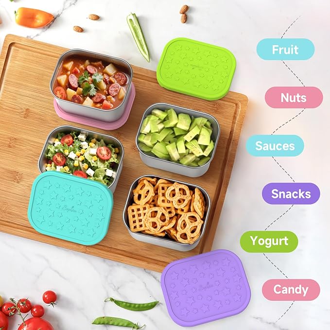 SOPHICO Stainless Steel 14 OZ Snack Containers for Kids,Food Storage Container with Silicone Lid - Perfect 304 Metal Toddler Lunch Box for Daycare and School, Leak Proof (MIX, 4 PACK)
