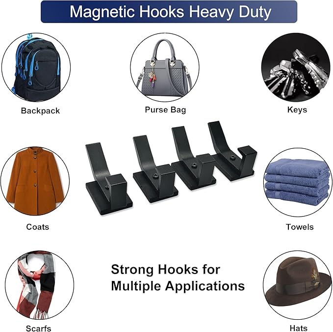 TSUYA Strong Magnetic Double Hooks, 4 Pack Heavy Duty Magnetic Coat Hooks, Black Cruise Magnets Large Hooks for Coat Robe Towel Key Hat
