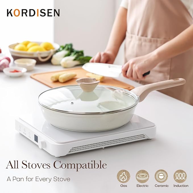 Nonstick Ceramic Frying Pan with Lid, 11 Inch Ceramic Skillet with Lid, Healthy Non Toxic Cooking Pan, Stay-Cool Handle, Induction Compatible, PFOA & PFAS Free, White