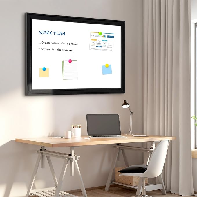 4 THOUGHT Dry Erase Board, 18 x 24 in Magnetic Whiteboard Black Vintage Wood Frame Wall-Mounted White Board Decorative Notice Board for School, Office, Home, Kitchen with 6 Magnets 4 Markers 1 Eraser