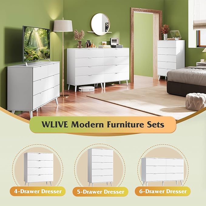 WLIVE 4 Drawer Dresser for Bedroom, Tall Wood Dresser, Modern White Dressers with Sturdy Metal Handle, Small Chest of Drawers for Living Room, Hallway