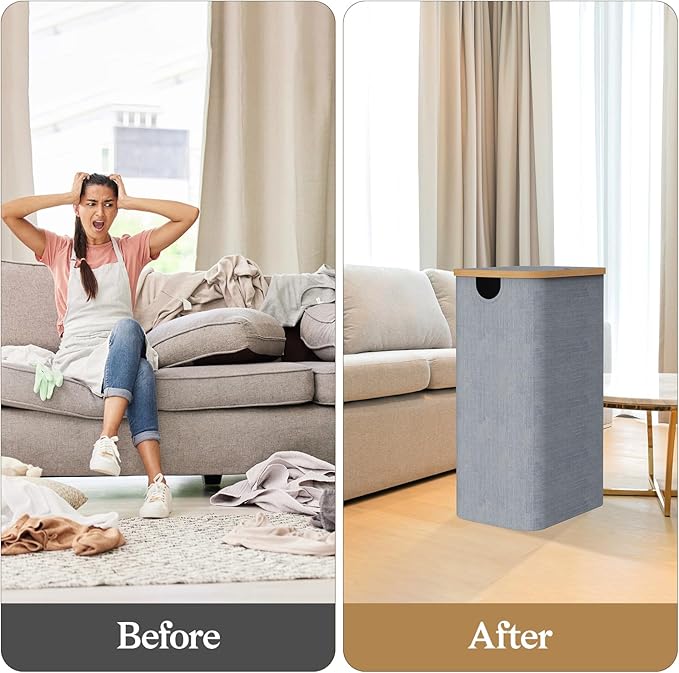 Foldable Laundry Hamper with Lid, Double Laundry Hamper, 2 Section Extra-large Laundry Basket with Bamboo Handles for Bathroom, Bedroom & Laundry Room, 140L Grey