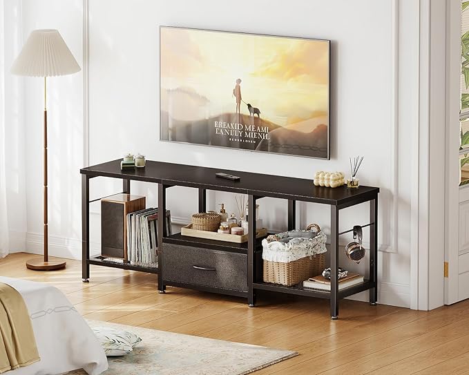 Casaottima 47" TV Stand with Open Storage Shelves up to 55 Inch TVs, Entertainment Center with Fabric Drawers, TV Console Table with Soundbar Shelf TV Stand for Living Room Bedroom, Pure Black