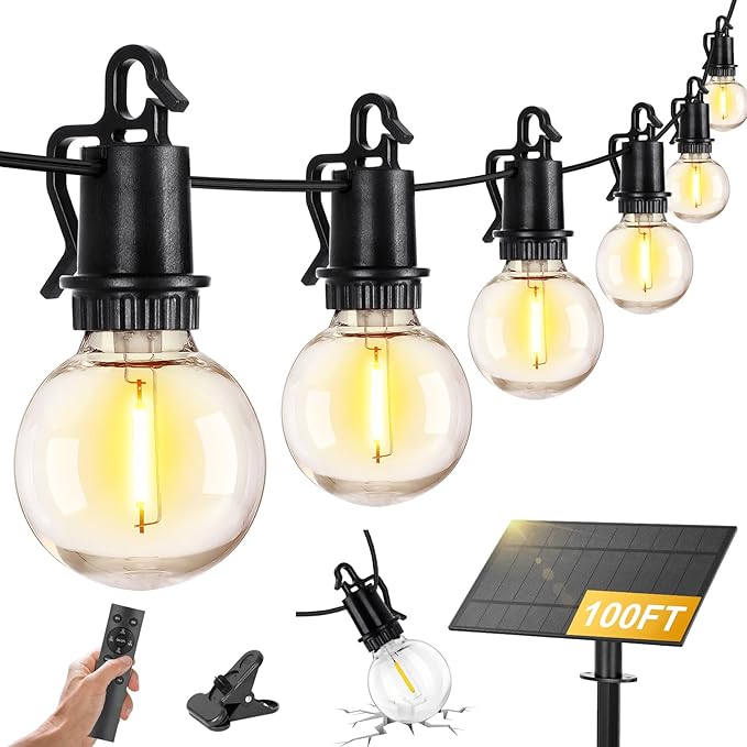 100FT Solar Lights Outdoor String Lights Waterproof G40 Patio lights Solar Powered with Remote USB Port 30+2 LED Shatterproof Bulbs 3 Light Modes, Dimmable Solar Lights for Camping for Porch Backyard
