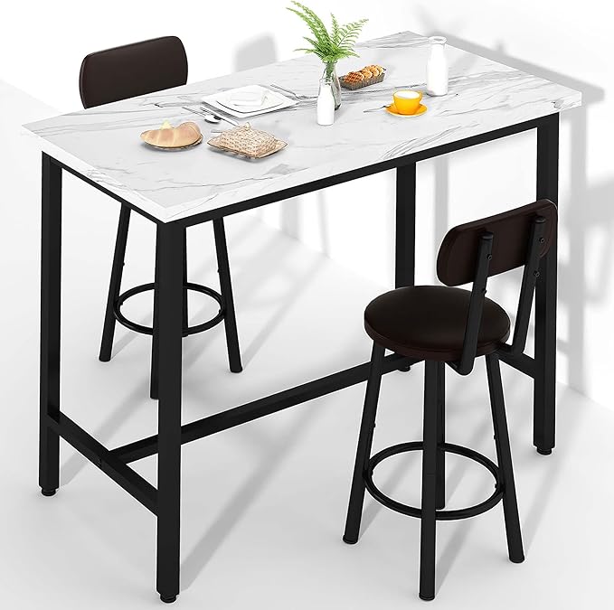 Dining Table Set, 47.2" Rectangle Faux Marble Table with 2 PU Upholstered Backrest Chairs, 3-Piece Kitchen Dining Room Set for Small Spaces, Kitchen Furniture, White