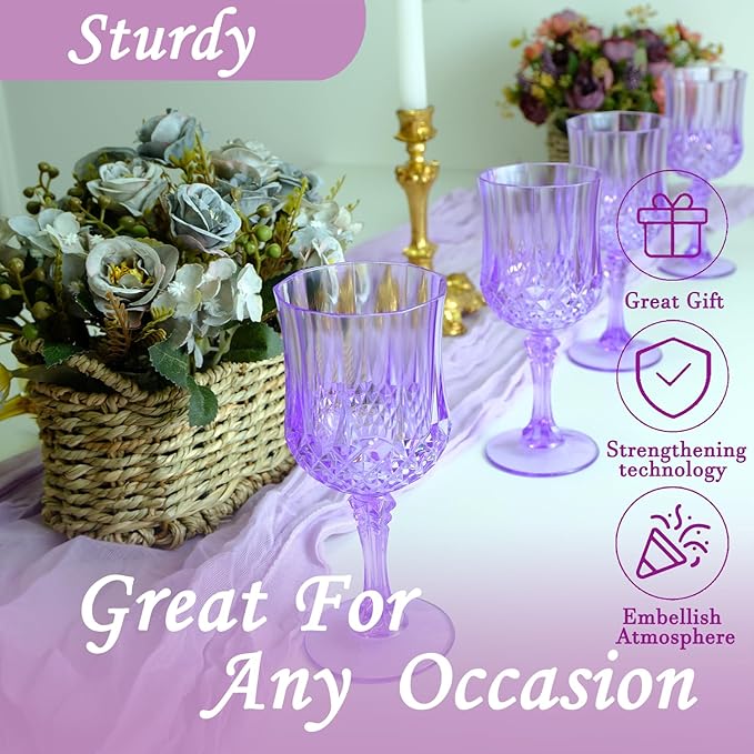 Plastic Wine Glasses,Plastic Goblets Vintage Style Cordial Drinking Glasses for Wedding Reception, Grand Event Party Supplies (24, Purple)