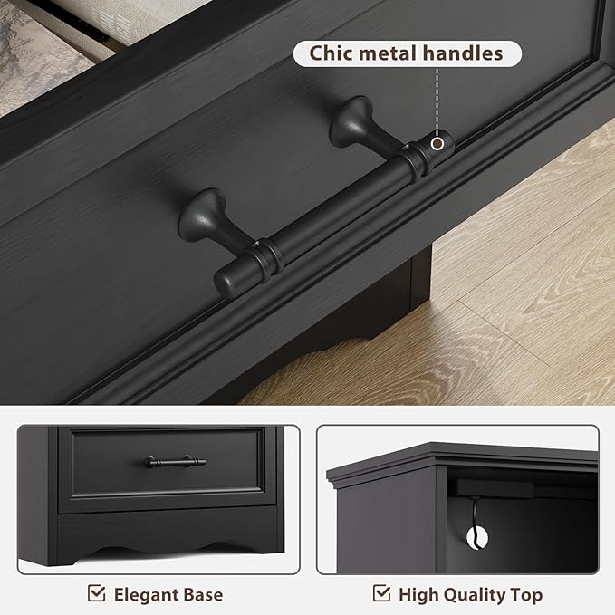 Farmhouse Nightstand with Charging Station, Black Wood Bedside Table & End Table with 2 Drawers and Unique Base Design, Side Table Storage Cabinet with Metal Handles for Bedroom, Living Room