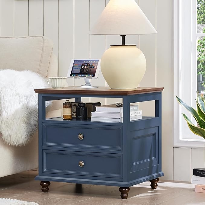 24" Wide Farmhouse Night Stand Set of 2,Large End Table with 2 Drawers & Metal Handle,Blue Wood Dresser for Bedroom, Bed Side Table Chest of Drawers Cabinet, Nightstand for Living Room,Closet