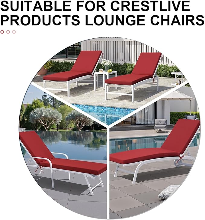Crestlive Products Chaise Lounge Cushions Outdoor Set of 2, Lounge Chair Cushions for Patio Furniture, Water Resistant Lounger Cushions for Pool, Deck, Lawn, 80''L x 23''W x 3''T, Chili