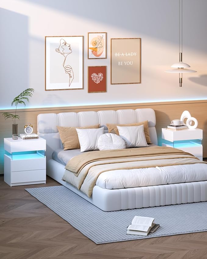 Bingoday LED Nightstand 2 Nightstands Bedroom set of 2 Bedroom Night Stands with Drawers Modern Bedside Table with 3 Drawers