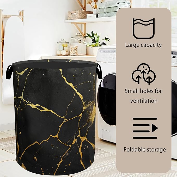 Black Marble Foldable Laundry Hamper - Waterproof Fabric Storage Basket with Handles, Clothes Hampers for Laundry,Bedroom,Dorm