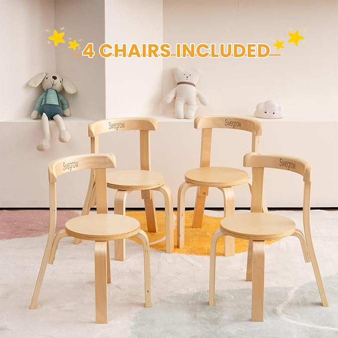 Swegrow Wooden Kids Chair, Toddler Chair for Table, Kids Stackable Chairs, Kid Wooden Furniture for Family/Playroom/Classroom(Set of 4-Natural Wood)
