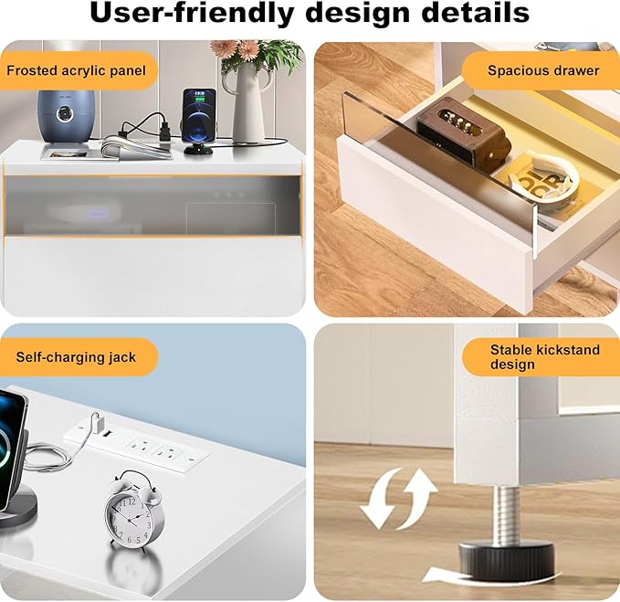White Nightstand with LED Lighting & Outlet & Drawer Light Modern Bedside Table with Charging Station, Drawer and Shelf for Bedroom Dorm Room Decor 18.89x15.74x21.25