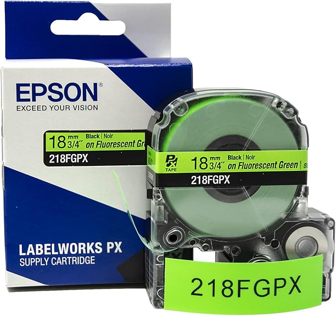 Epson LABELWORKS 218FGPX Genuine PET (Polyester) Tape Cartridge - Black on Fluorescent Green Label Maker Tape - 3/4" (18MM) Wide, 30'