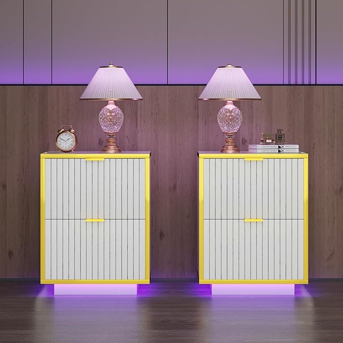 White and Gold Nightstand with LED Lights, White Nightstand with Storage, Modern Led End Table with 2 Fluted Drawers, Bed Side Table for Living Room, Set of 2, White and Gold