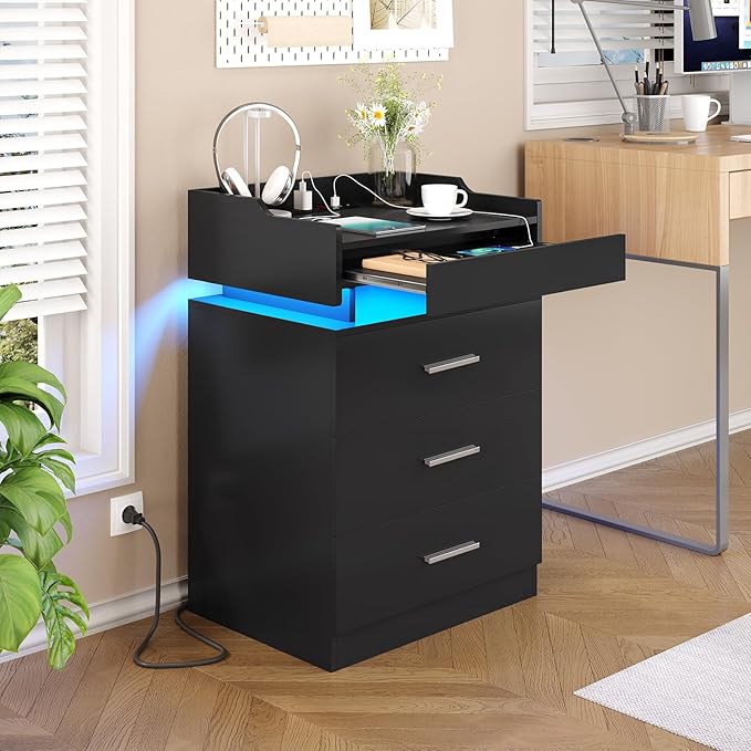 Large Nightstand with Charging Station and LED Lights, Black Night Stand with 3 Drawers and 1 Pull-Out Tray, End Side Table with Storage, Modern Bedside Table with Outlets