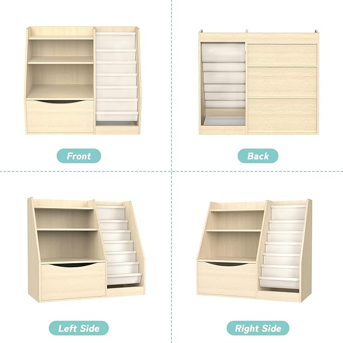 TOETOL 3 Tier Kids Bookshelf and Book Storage,6 Sling Toddler Bookshelf, Storage Boxes Book Shelf & Organizer for Nursery Playroom Classroom Library Bedroom Natural Wood
