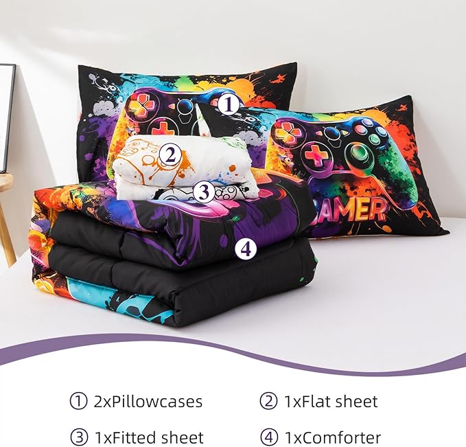 NTBED Game Console Comforter Set for Boys Girls Kids Tie Dye Gaming Lightweight Microfiber Gamer Bedding Sets (Multi, Twin 5Pcs)