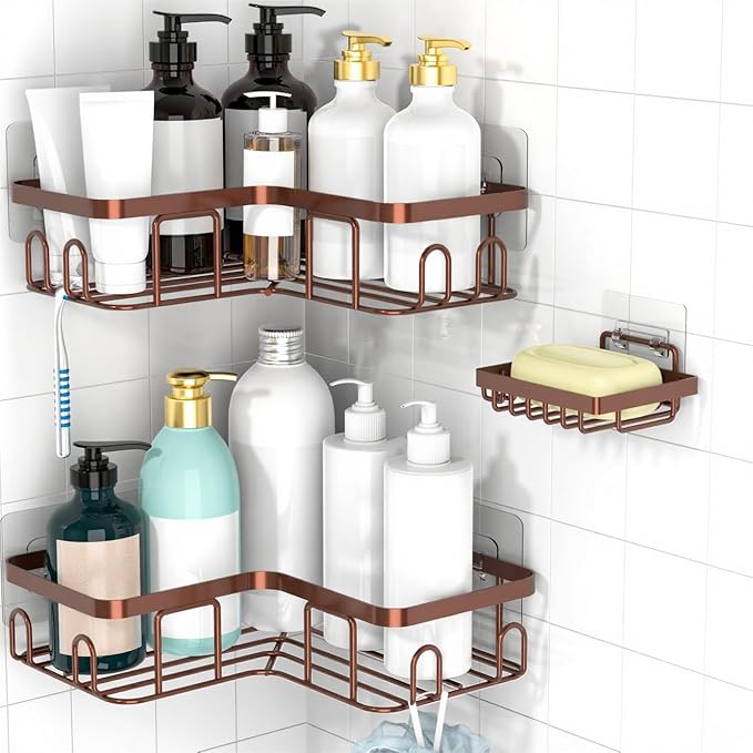 Moforoco Adhesive Corner Shower Caddy, 3 Pack Organizer with Soap Holder and 12 Hooks, Rustproof Shower Shelves for Bathroom, Brown